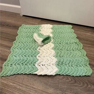 Handmade Crotchet Baby Blanket  Inches Green & White striped Matching Hat